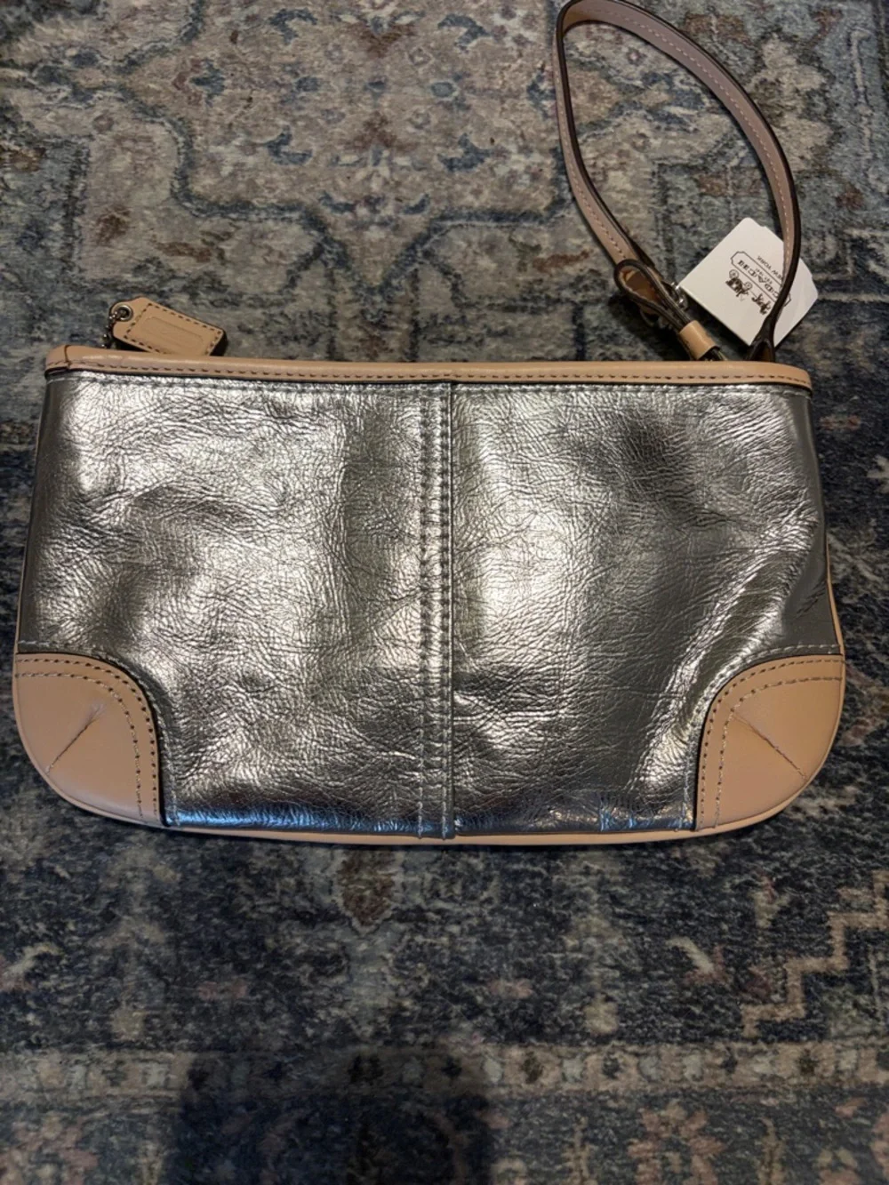 Coach Metallic Silver Wristlet with Beige Trim - Picture 5 of 9